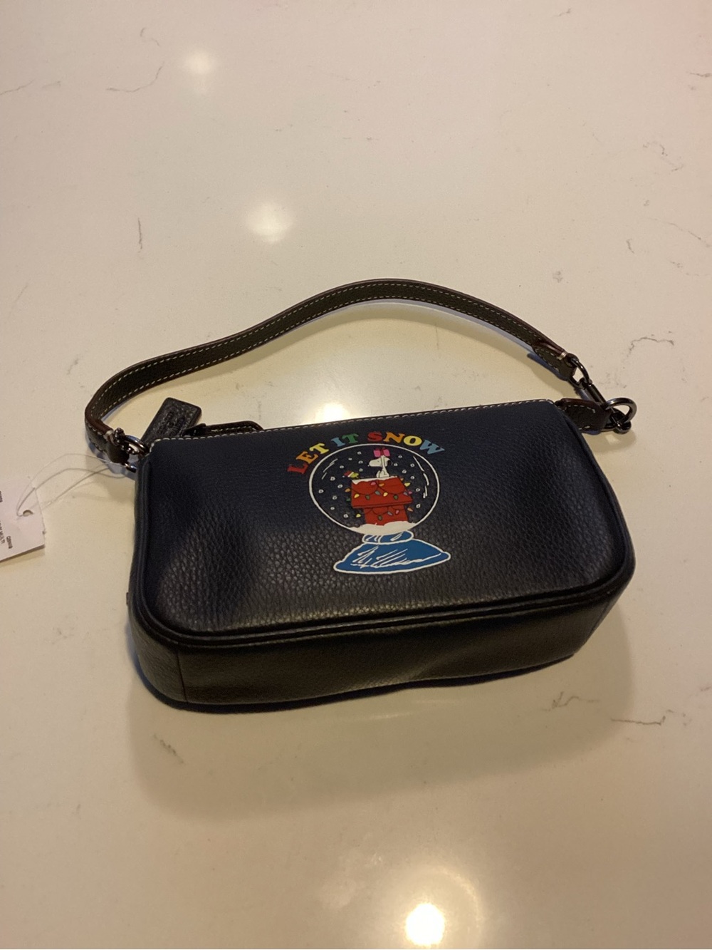 Coach Black Leather Mini Wristlet with Colorful Snow Globe Graphic